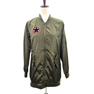 Ambiance Long Bomber Lightweight Star Patch Small Olive Army Green Jacket‎